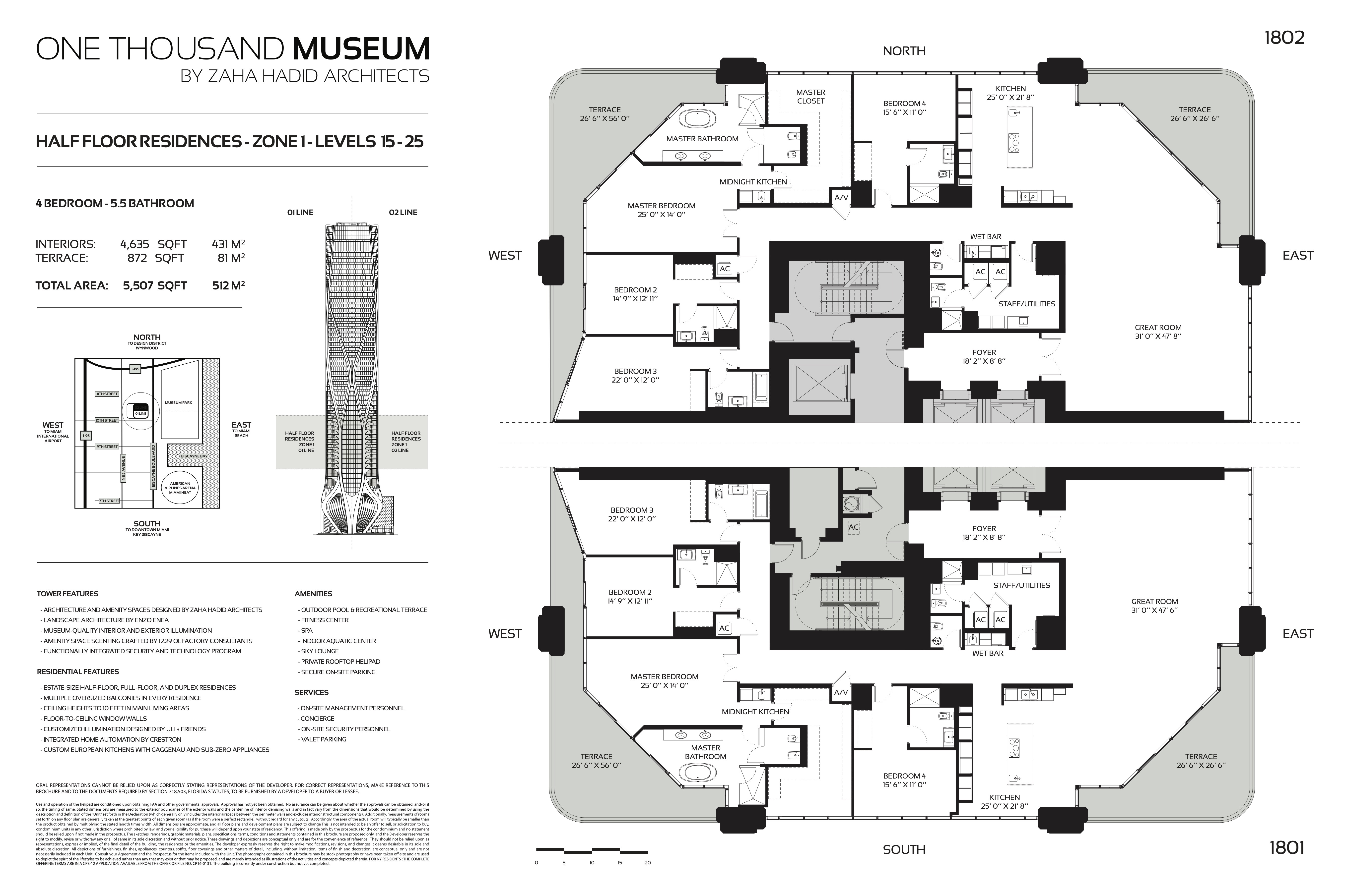 Floor Plan for 1000 Museum Miami Floorplans, Half Floor Residence Zone 1 Levels 15-25