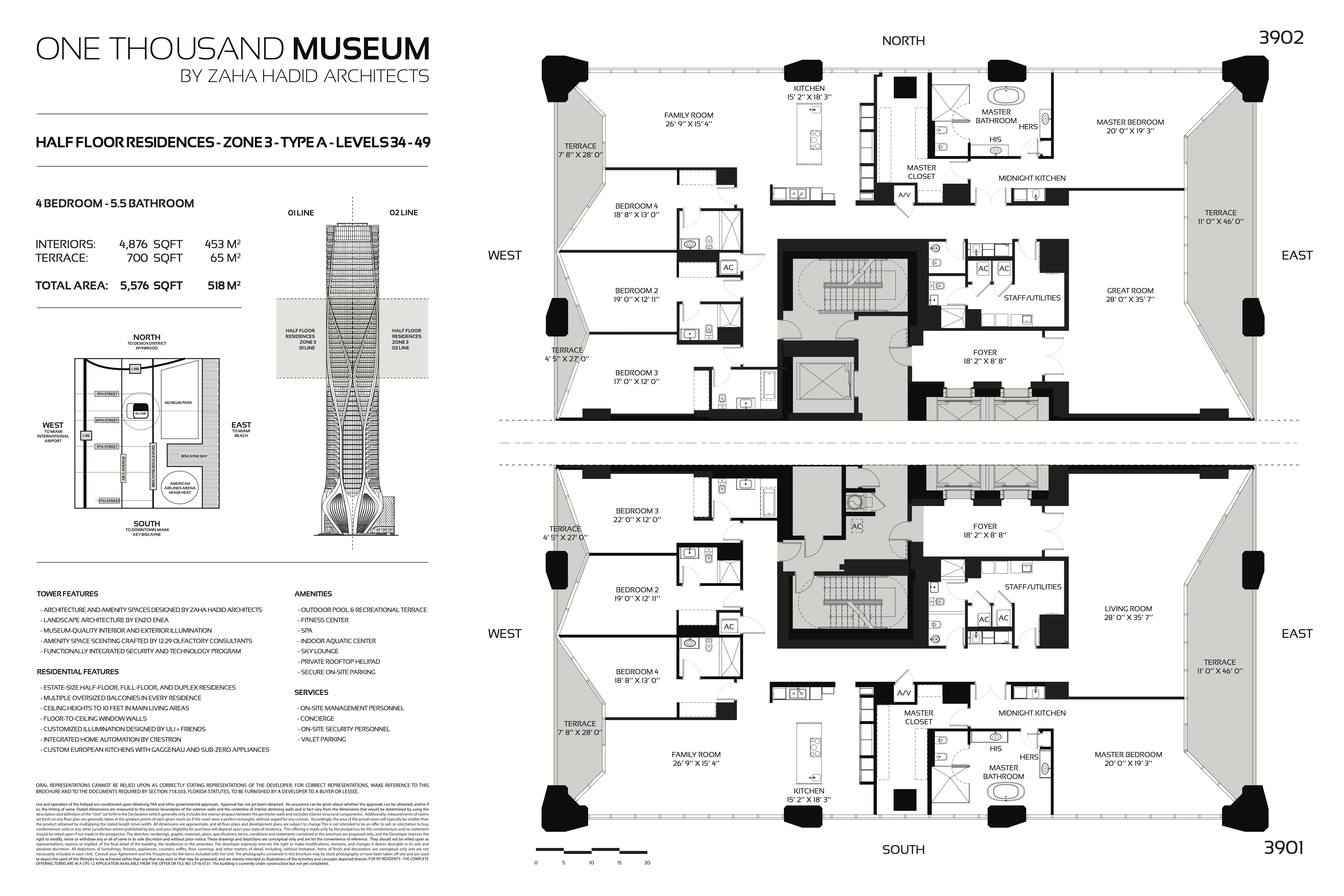 Floor Plan for 1000 Museum Miami Floorplans, Half Floor Residence Zone 3 Type A Levels 34-49