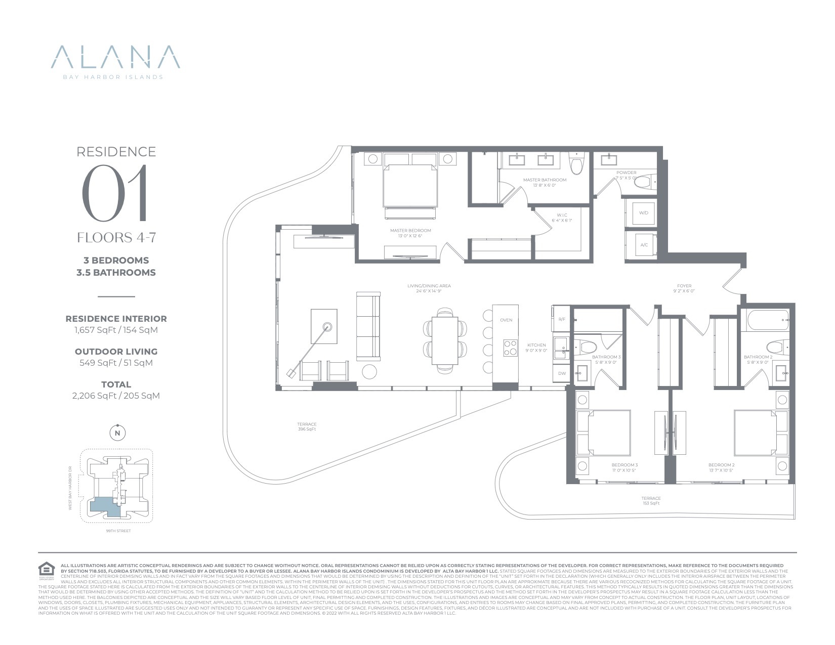 Floor Plan for Alana Bay Harbor Island Floorplans, Residence 01 Floor 4-7