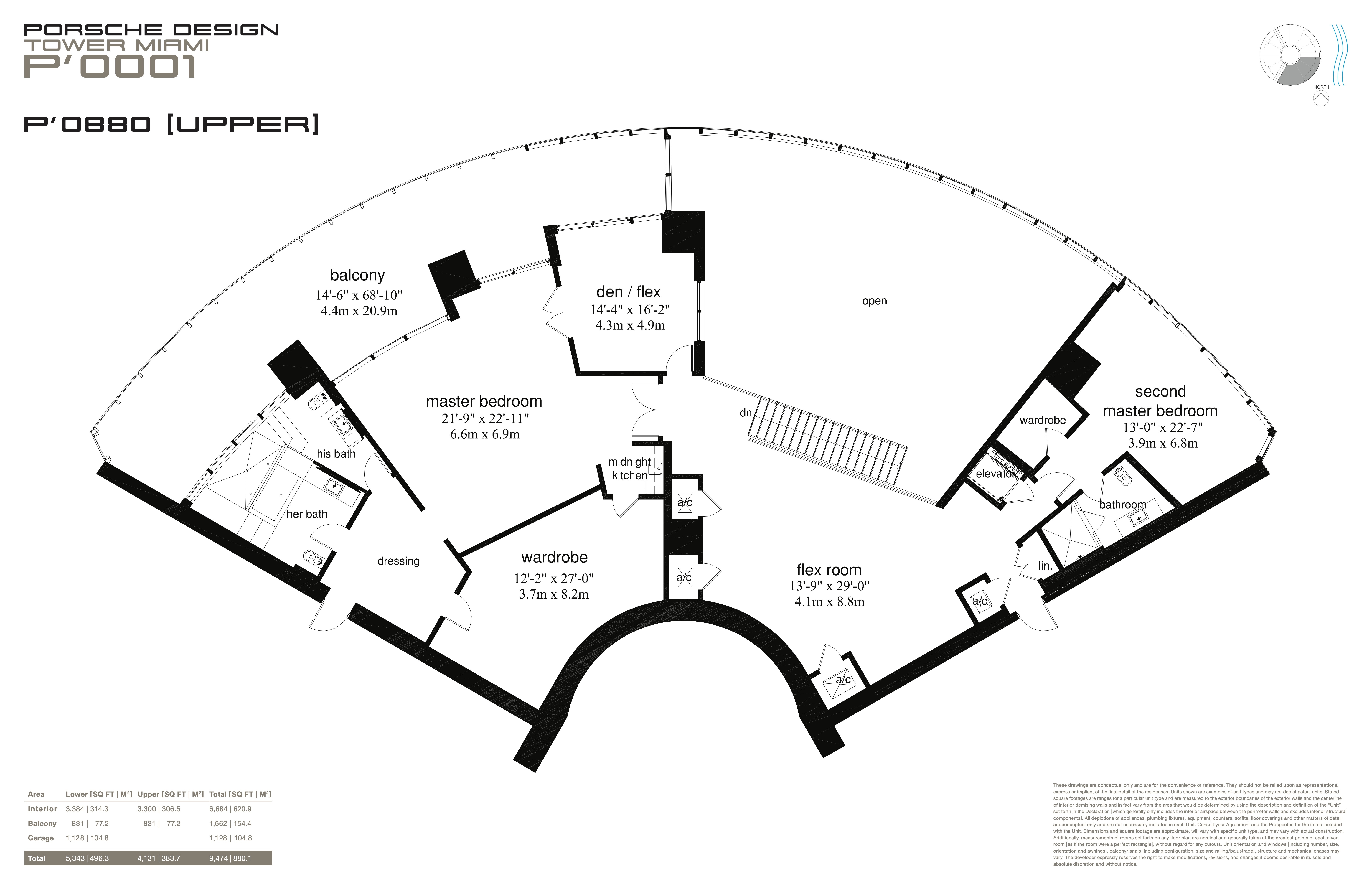 Floor Plan for Porsche Design Tower Miami Floorplans, P' 0880 Upper