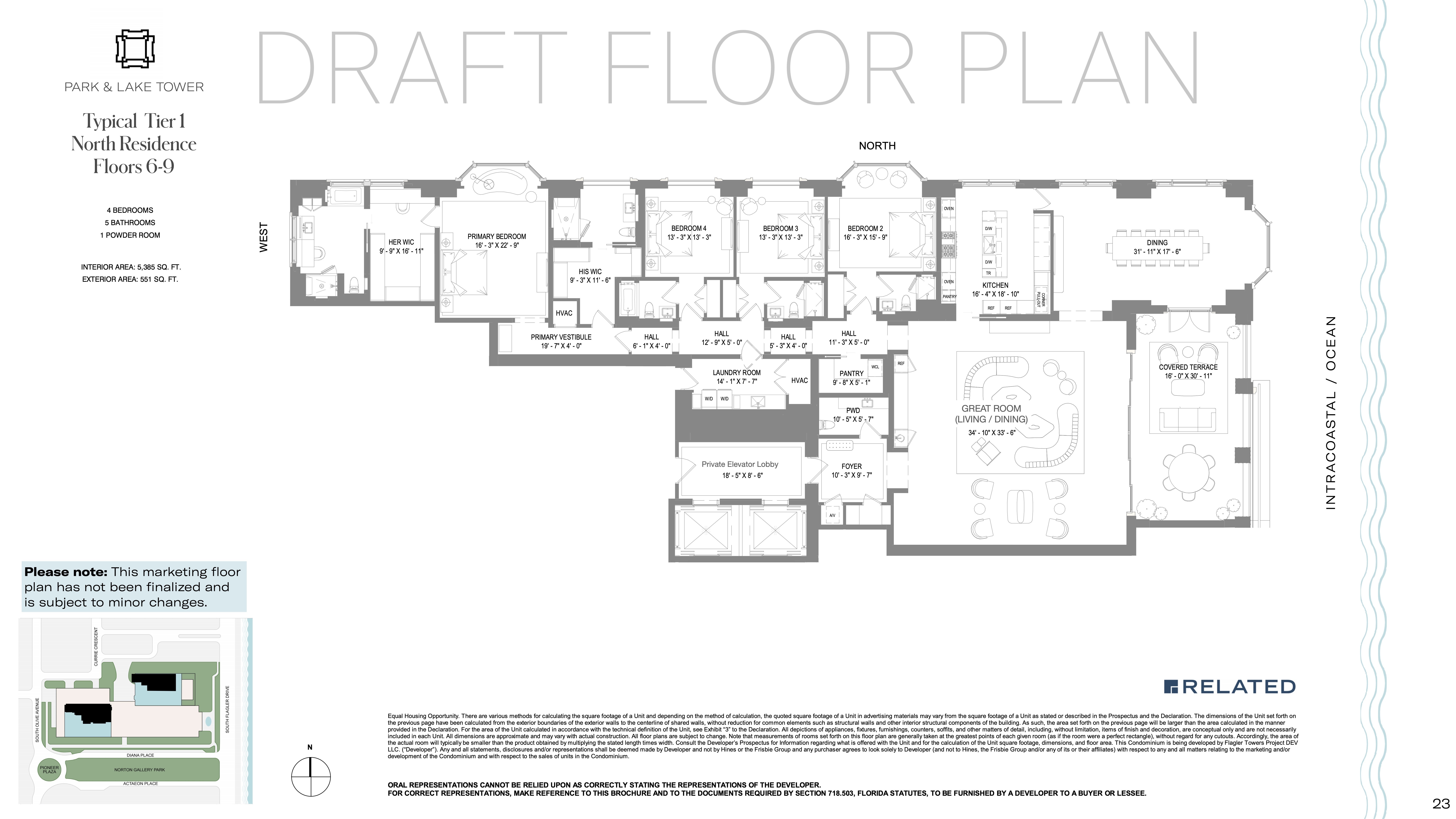 Floor Plan for South Flagler House Floorplans, Tier 1 North Residence Floors 6-9