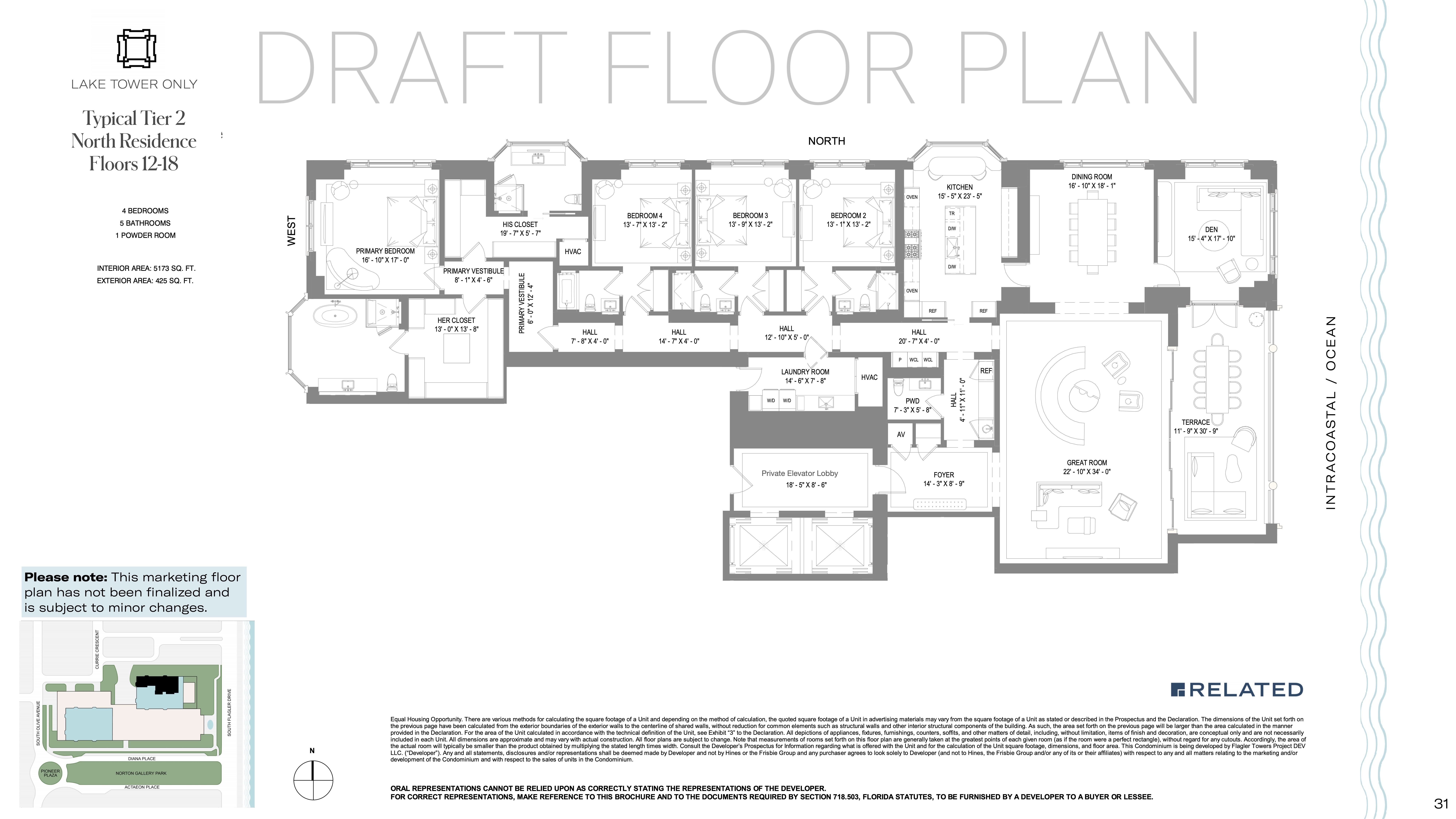 Floor Plan for South Flagler House Floorplans, Tier 2 North Residence Floors 12-18