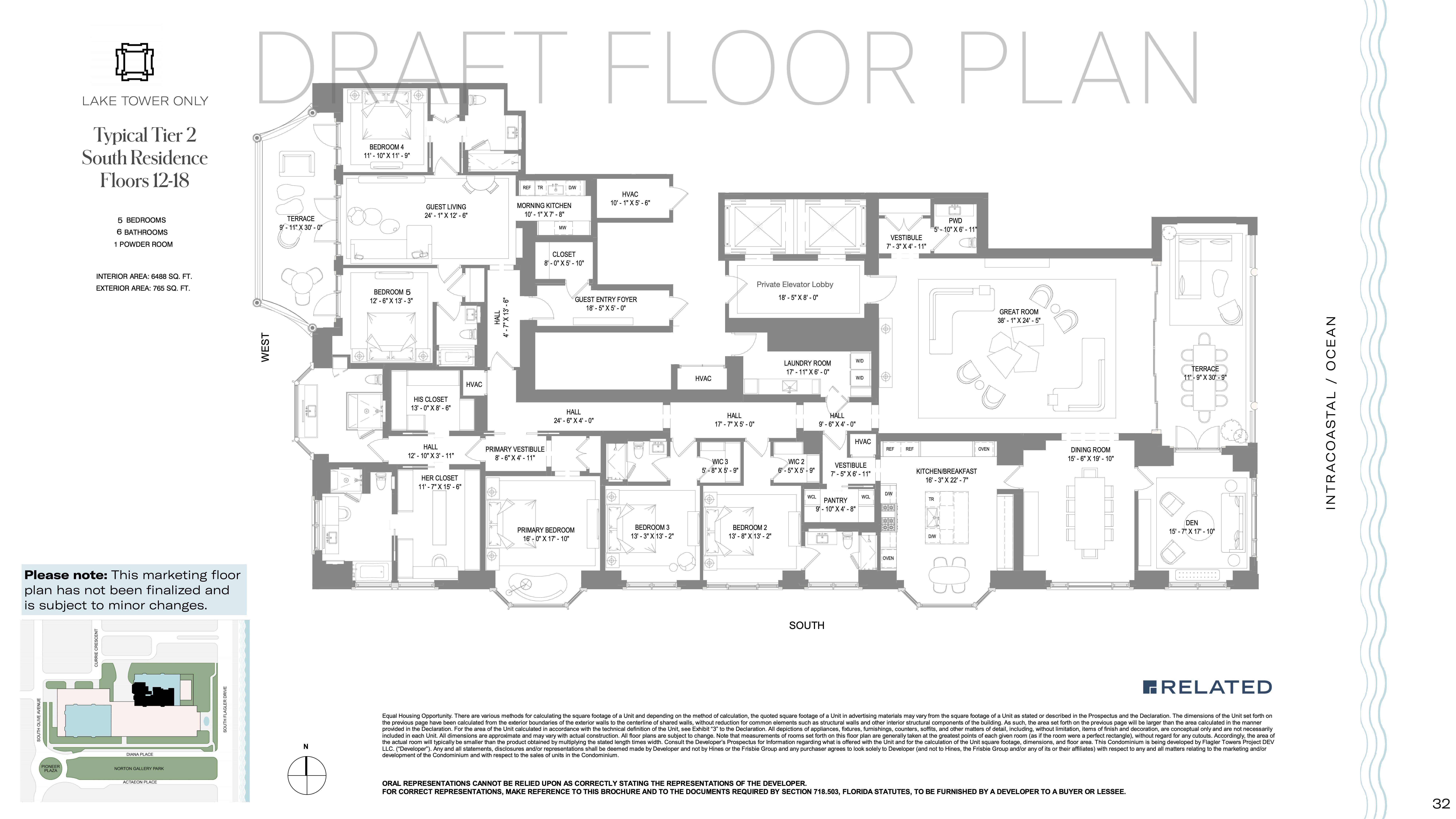 Floor Plan for South Flagler House Floorplans, Tier 2 South Residence Floors 12-18