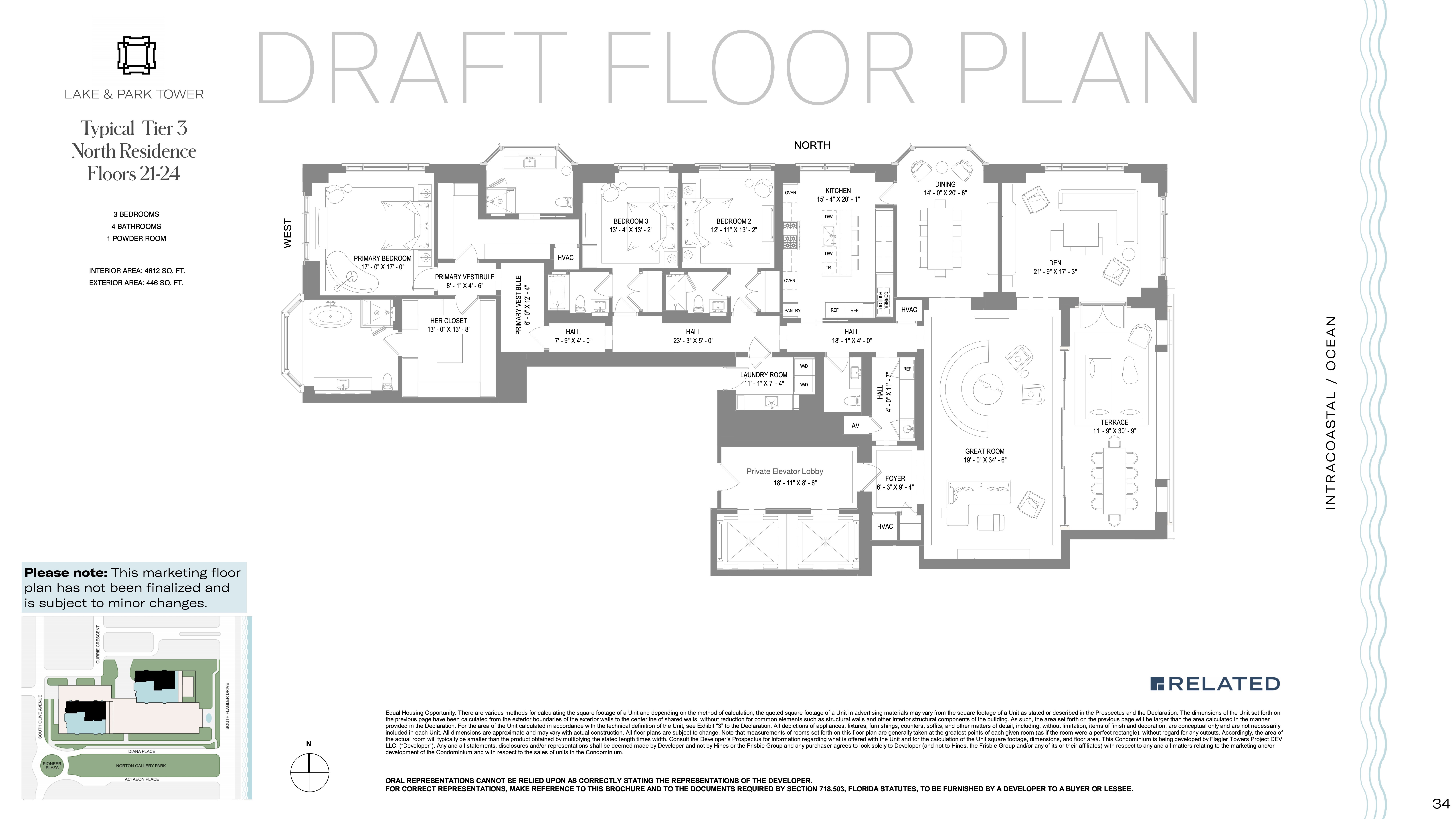 Floor Plan for South Flagler House Floorplans, Tier 3 North Residence Floors 21-24