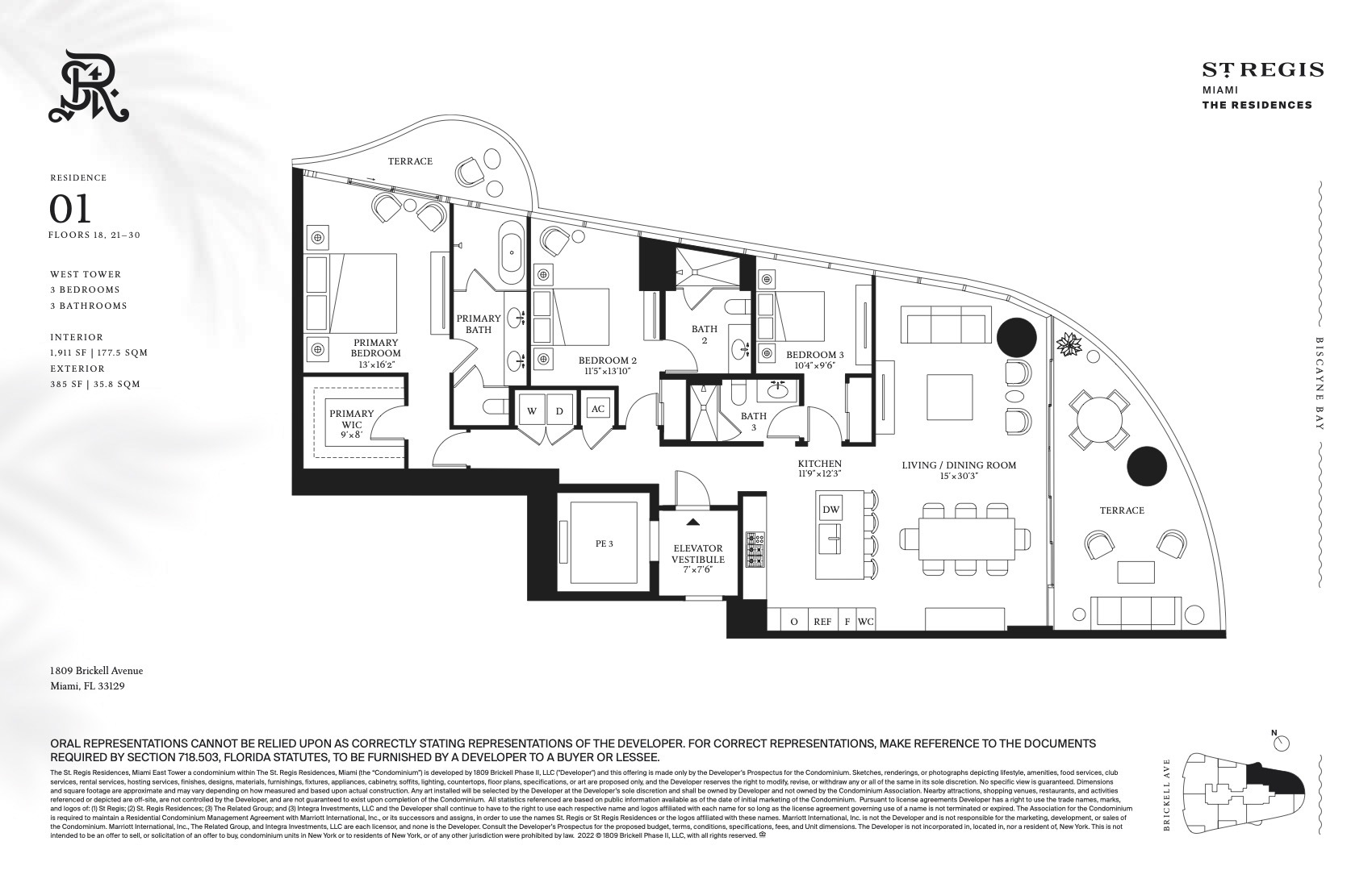 Floor Plan for St. Regis Brickell Floorplans, Residence 01 Floors 18, 21-30