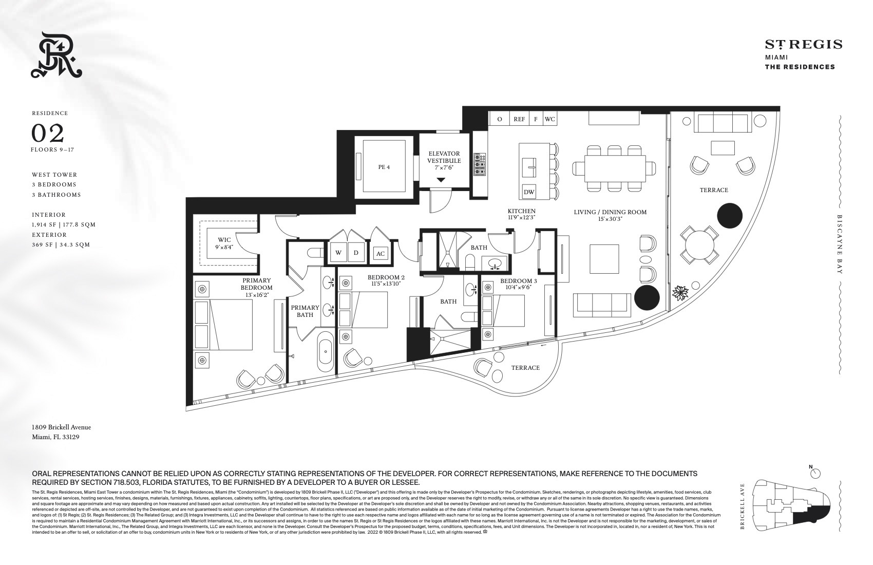 Floor Plan for St. Regis Brickell Floorplans, Residence 02 Floors 9-17