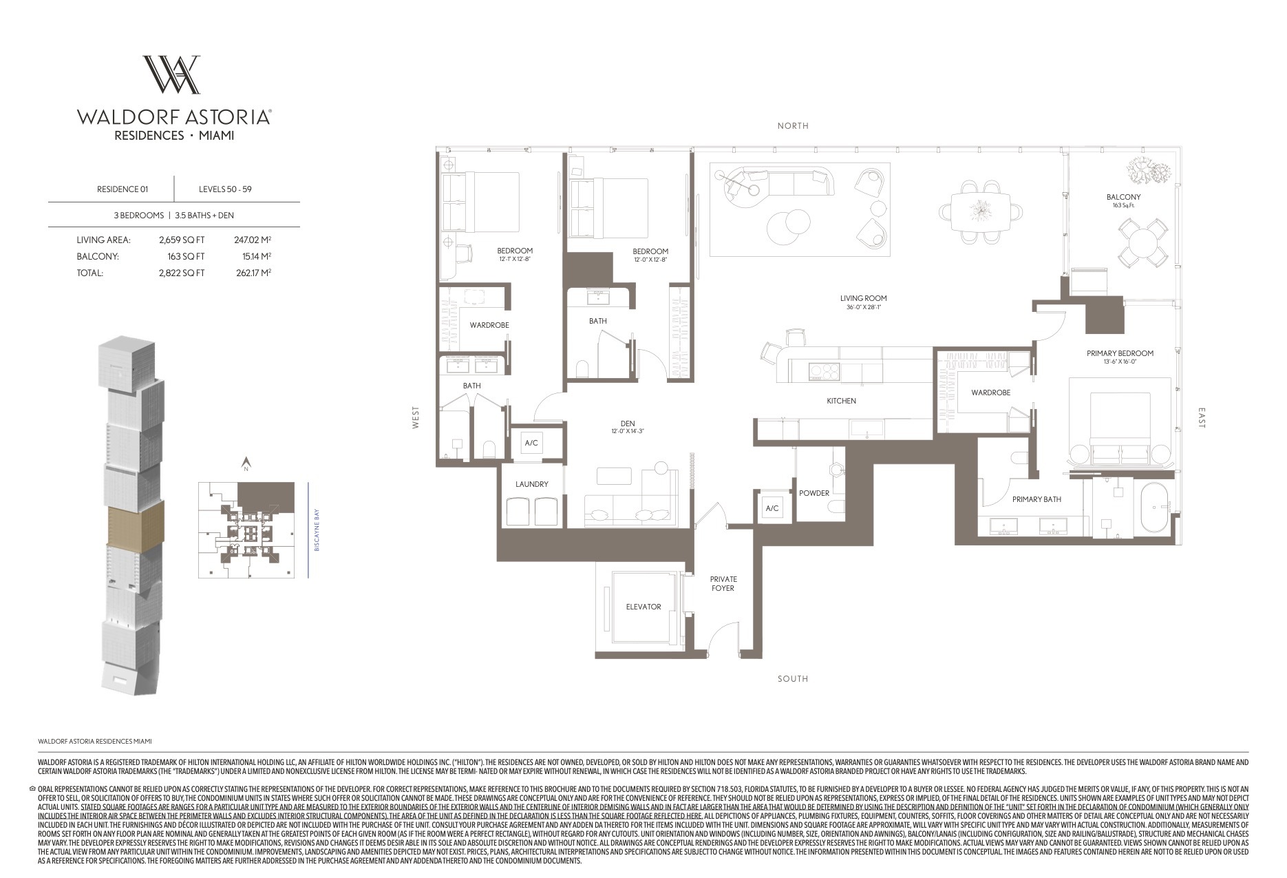 Floor Plan for Waldorf Astoria Miami Floorplans, Residence 01 Levels 50-59