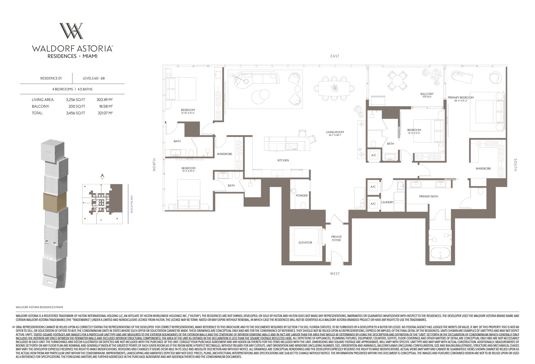 Floor Plan for Waldorf Astoria Miami Floorplans, Residence 01 Levels 60-68