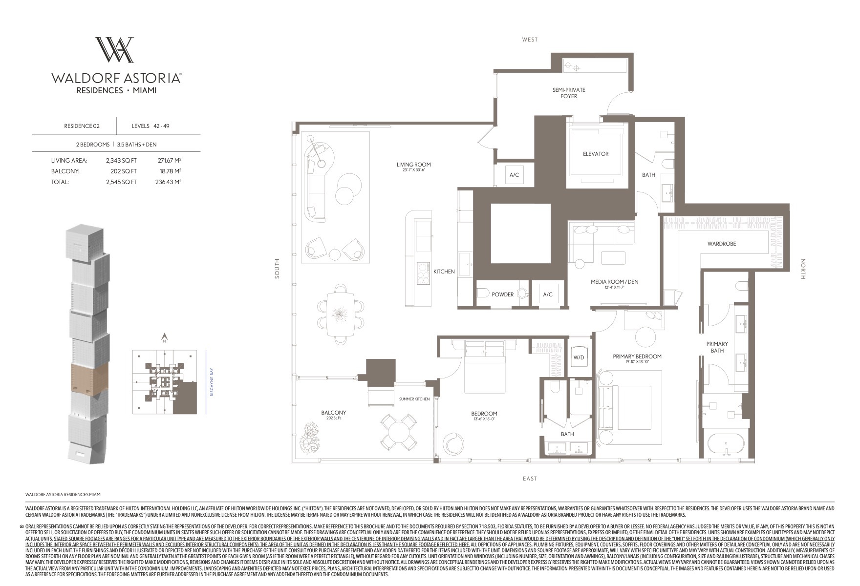 Floor Plan for Waldorf Astoria Miami Floorplans, Residence 02 Levels 42-49