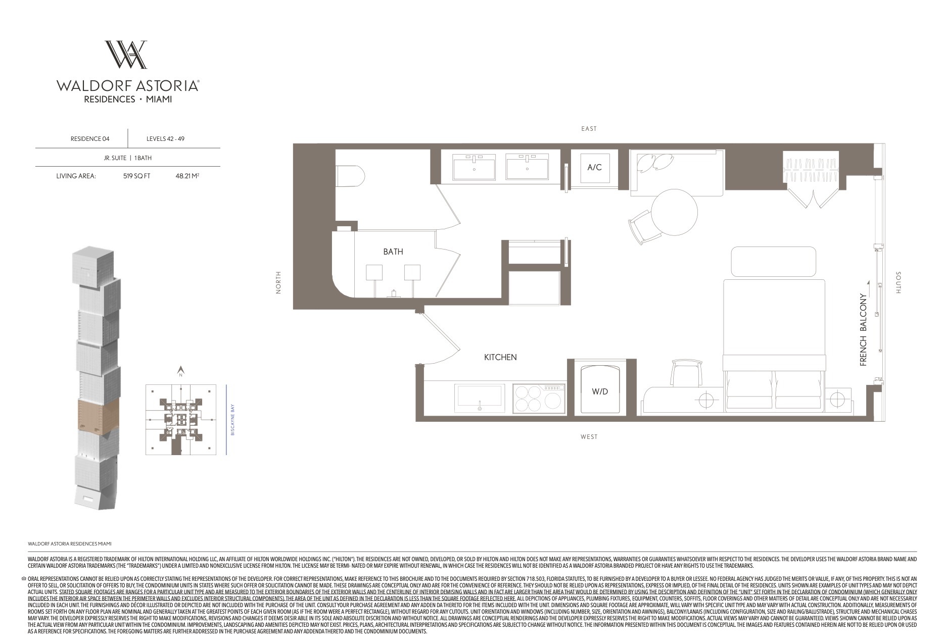 Floor Plan for Waldorf Astoria Miami Floorplans, Residence 04 Levels 42-49